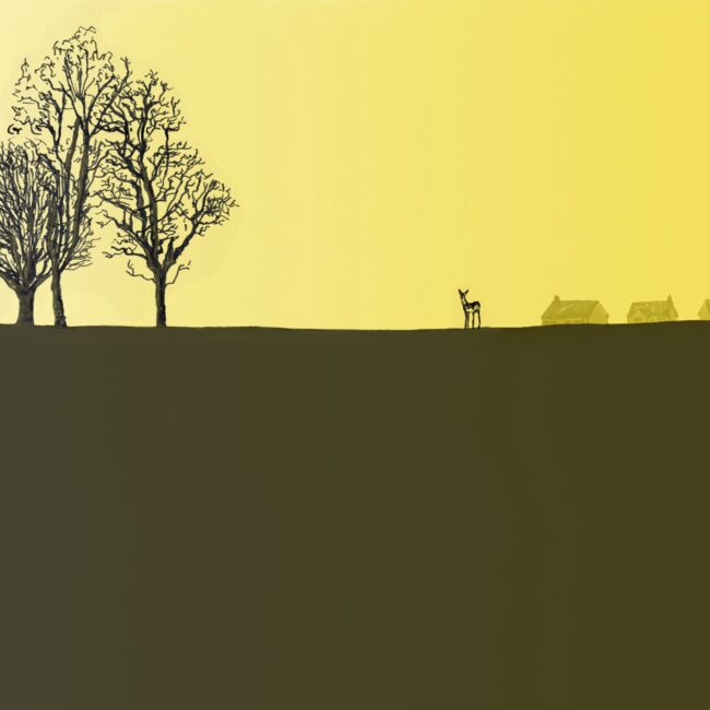 Deer, trees, houses, sunset, sunrise