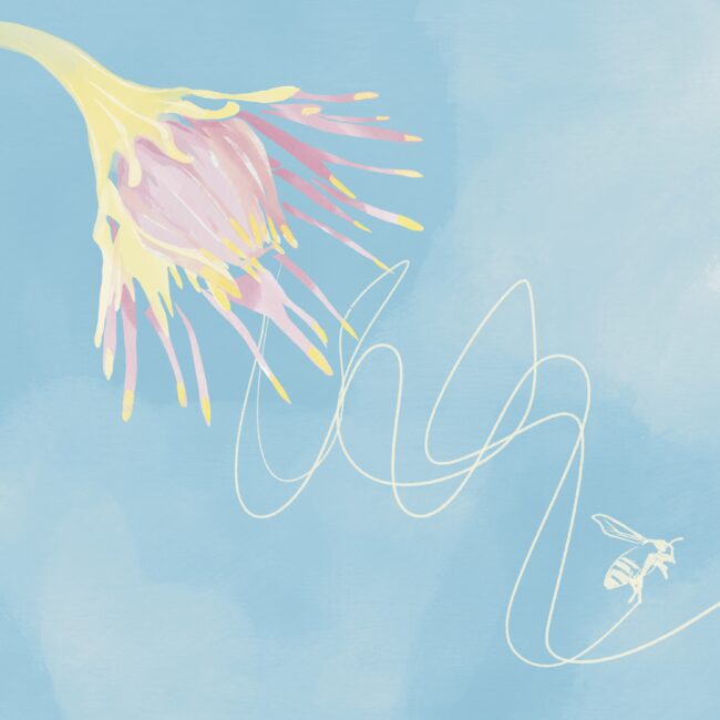 Pink yellow flower and Bee whimsical magical